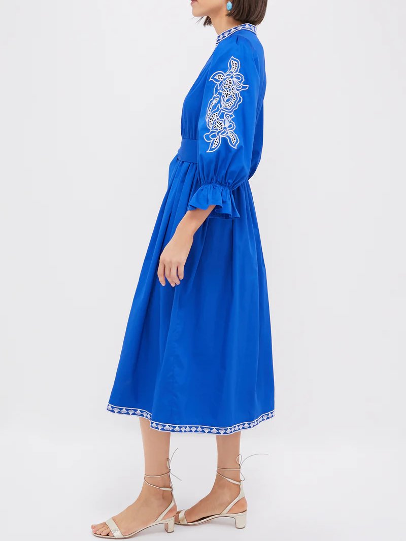 Royal Blue With Baby Blue Embroidery Midi Dress