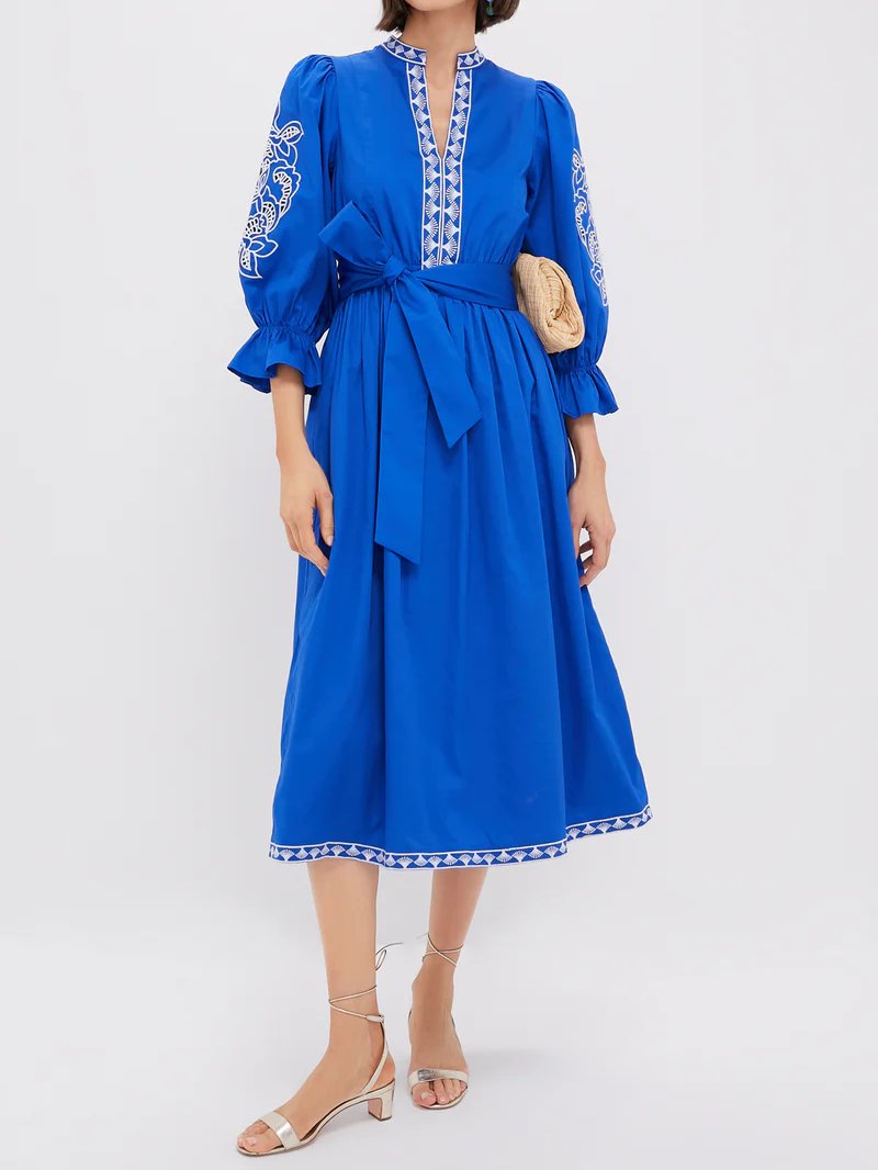 Royal Blue With Baby Blue Embroidery Midi Dress