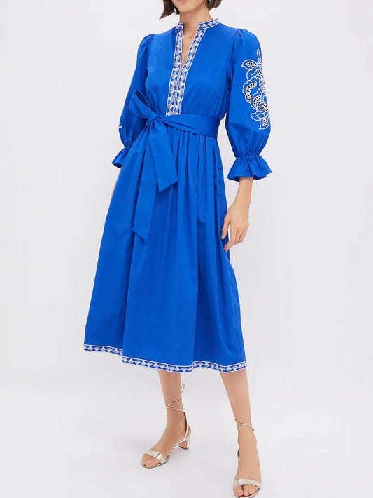 Royal Blue With Baby Blue Embroidery Midi Dress