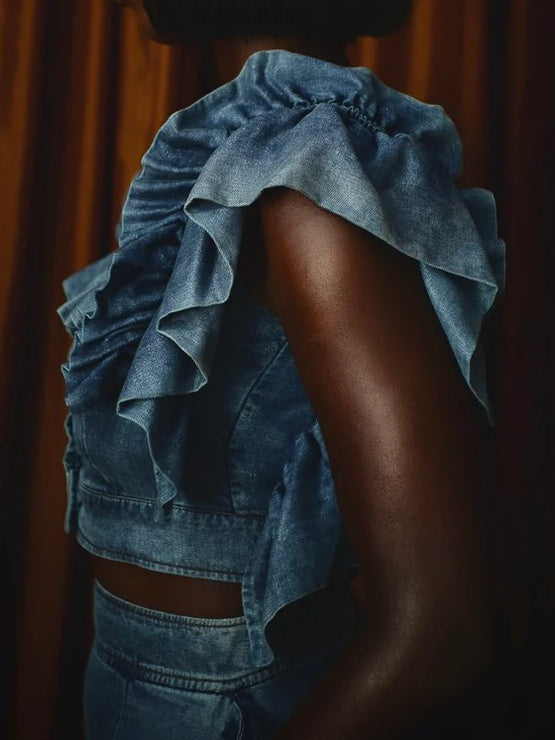 Washed Denim Ruffle Two-piece Suit