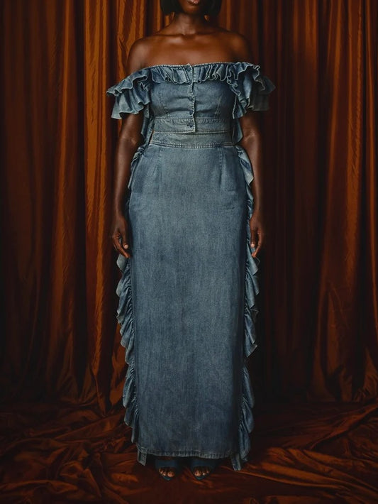 Washed Denim Ruffle Two-piece Suit