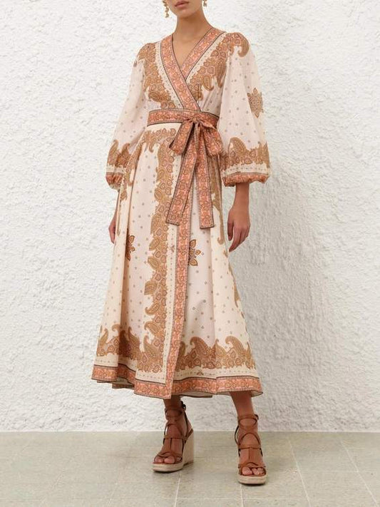 V-neck Printed Belted Dress