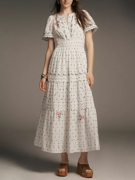 Embroidered Printed A-line Dress