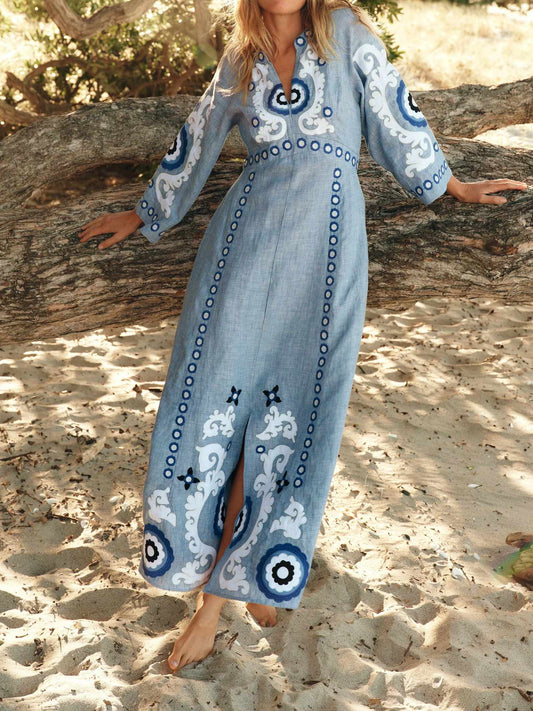 Linen Embroidered Print Dress