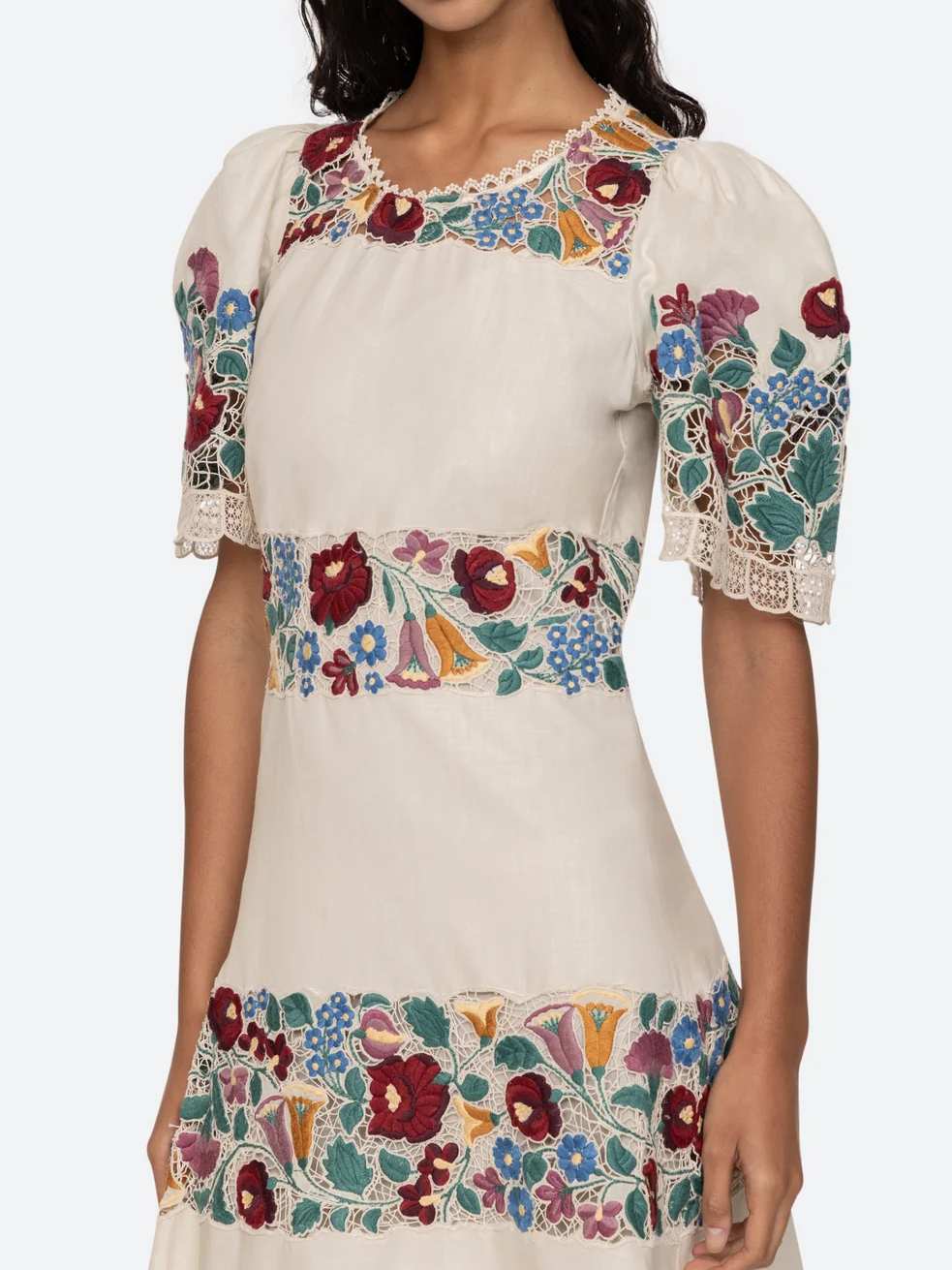 Puff Sleeve Lace Embroidery Print Dress