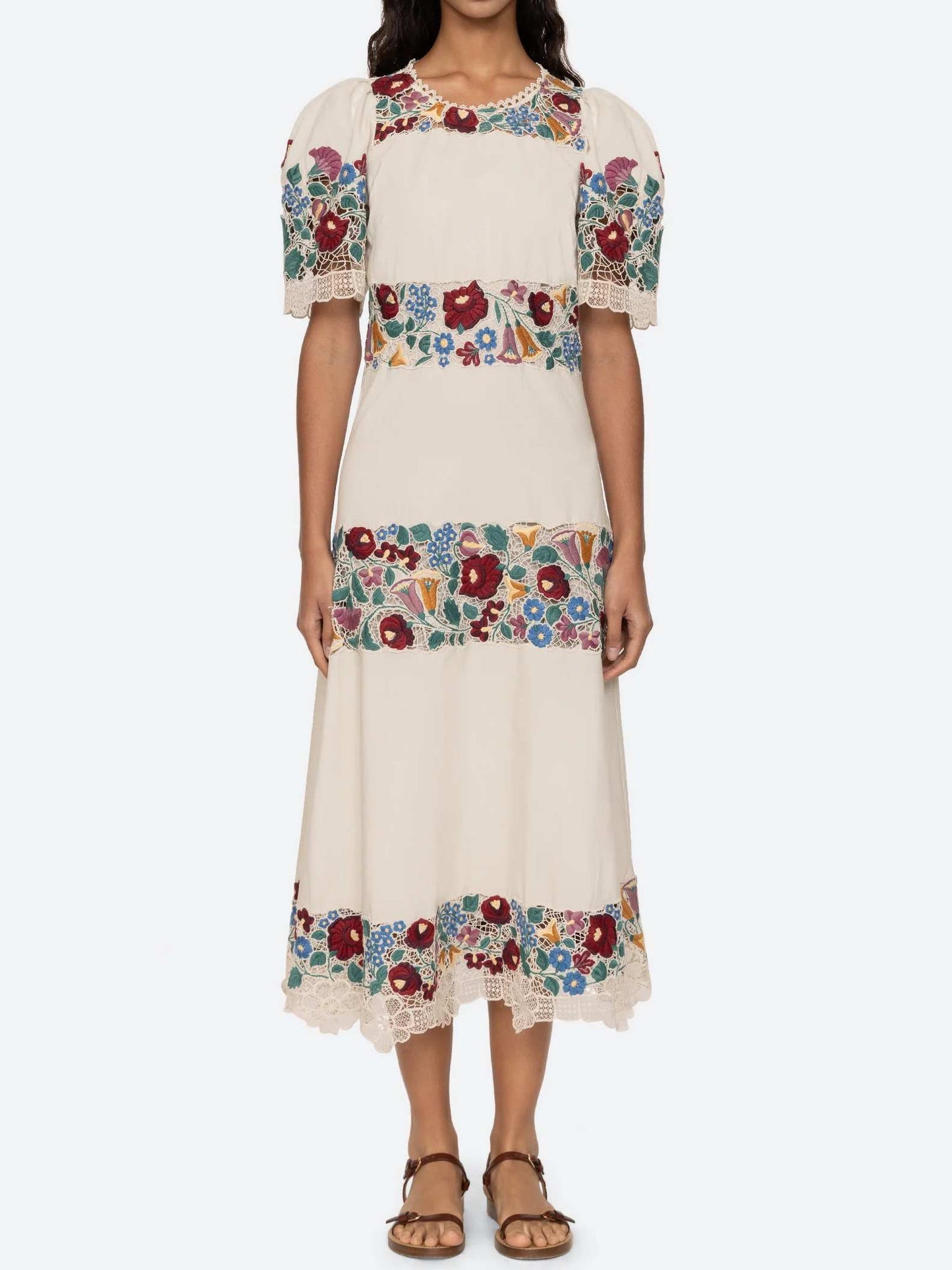 Puff Sleeve Lace Embroidery Print Dress