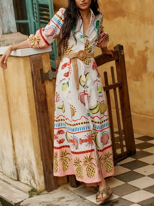 Print Linen & Cotton Maxi Shirtdress