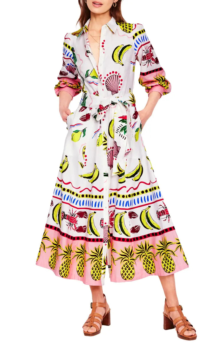 Print Linen & Cotton Maxi Shirtdress