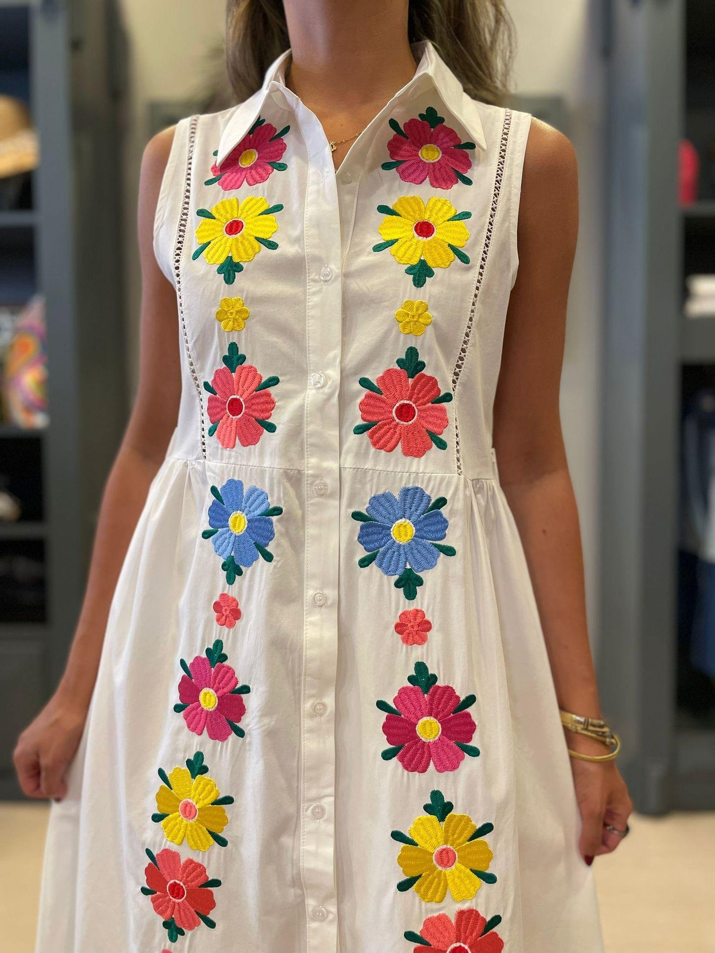 Sleeveless Floral Embroidered Shirt Dress