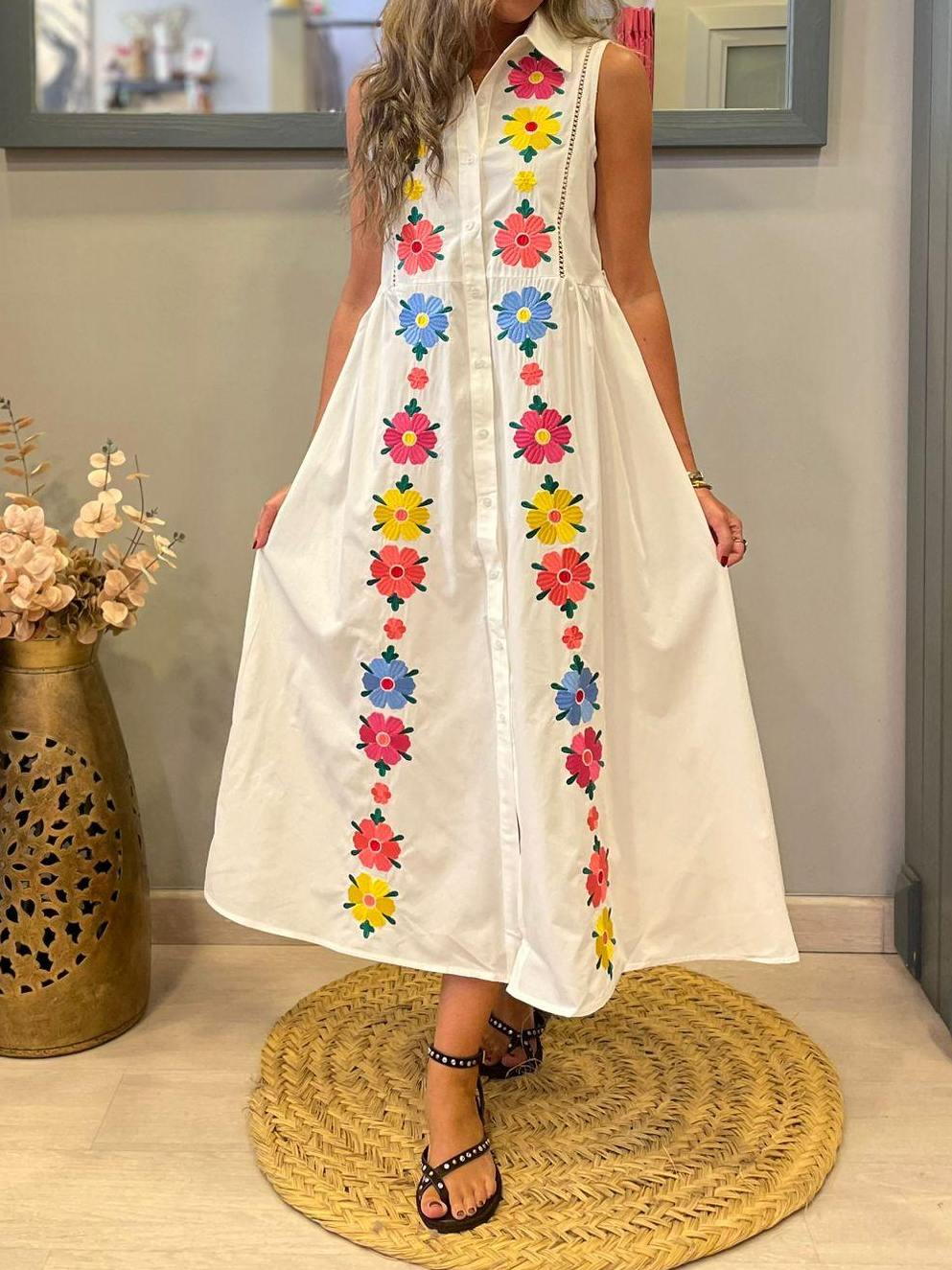 Sleeveless Floral Embroidered Shirt Dress