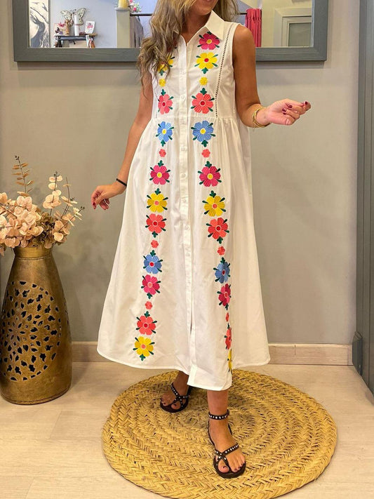 Sleeveless Floral Embroidered Shirt Dress