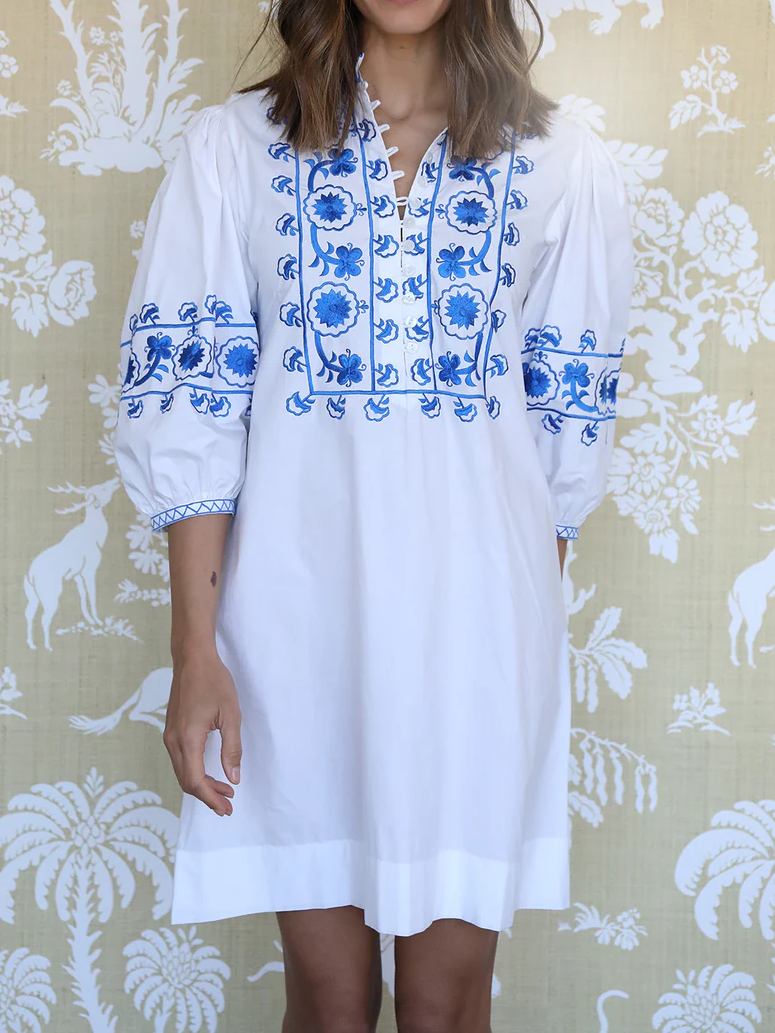 Puff Sleeve Embroidered Shirt Dress