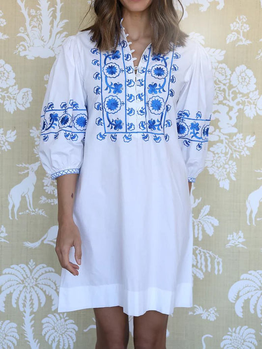 Puff Sleeve Embroidered Shirt Dress