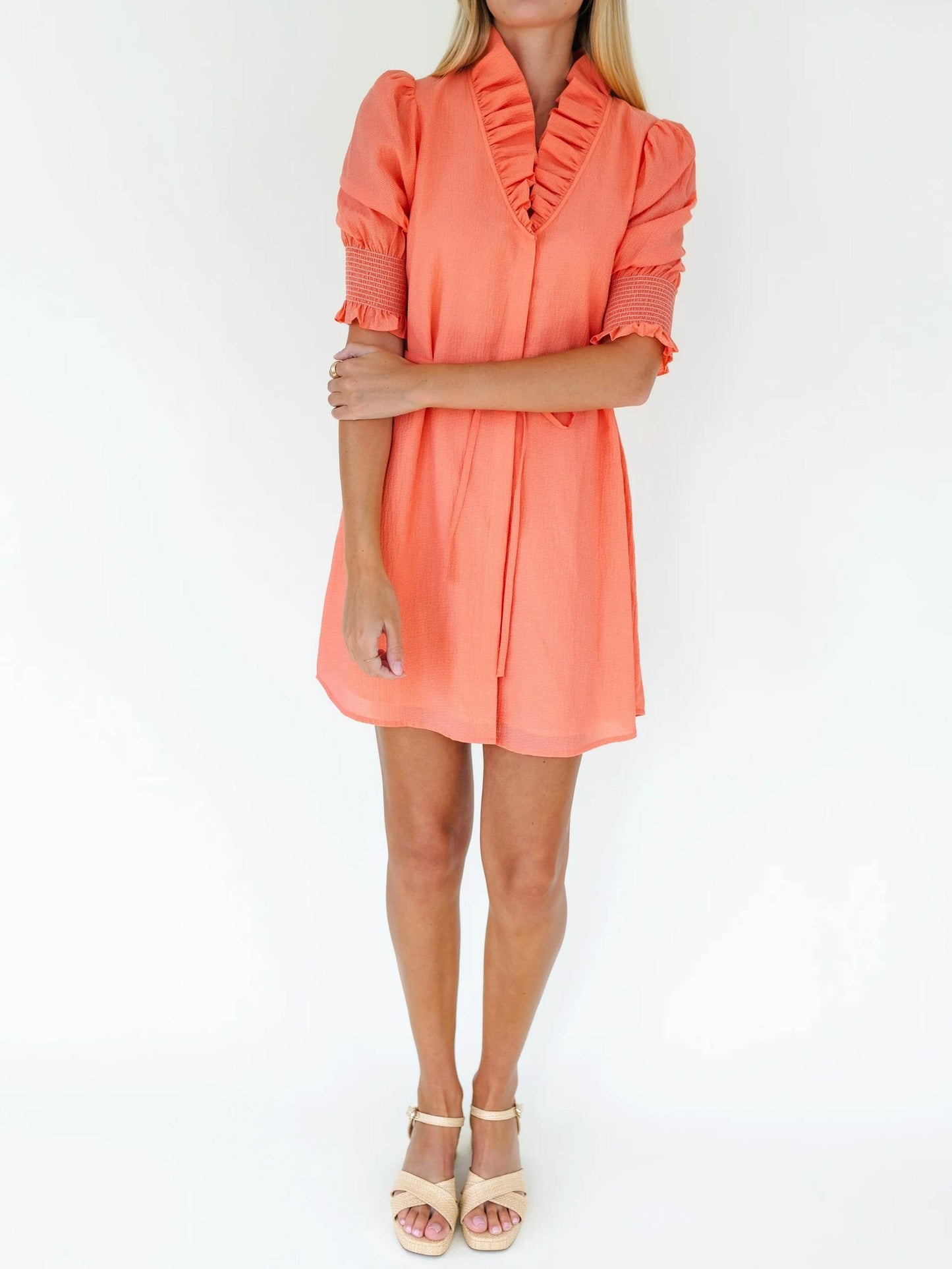 Puff Sleeve Ruffle Neck Mini Dress