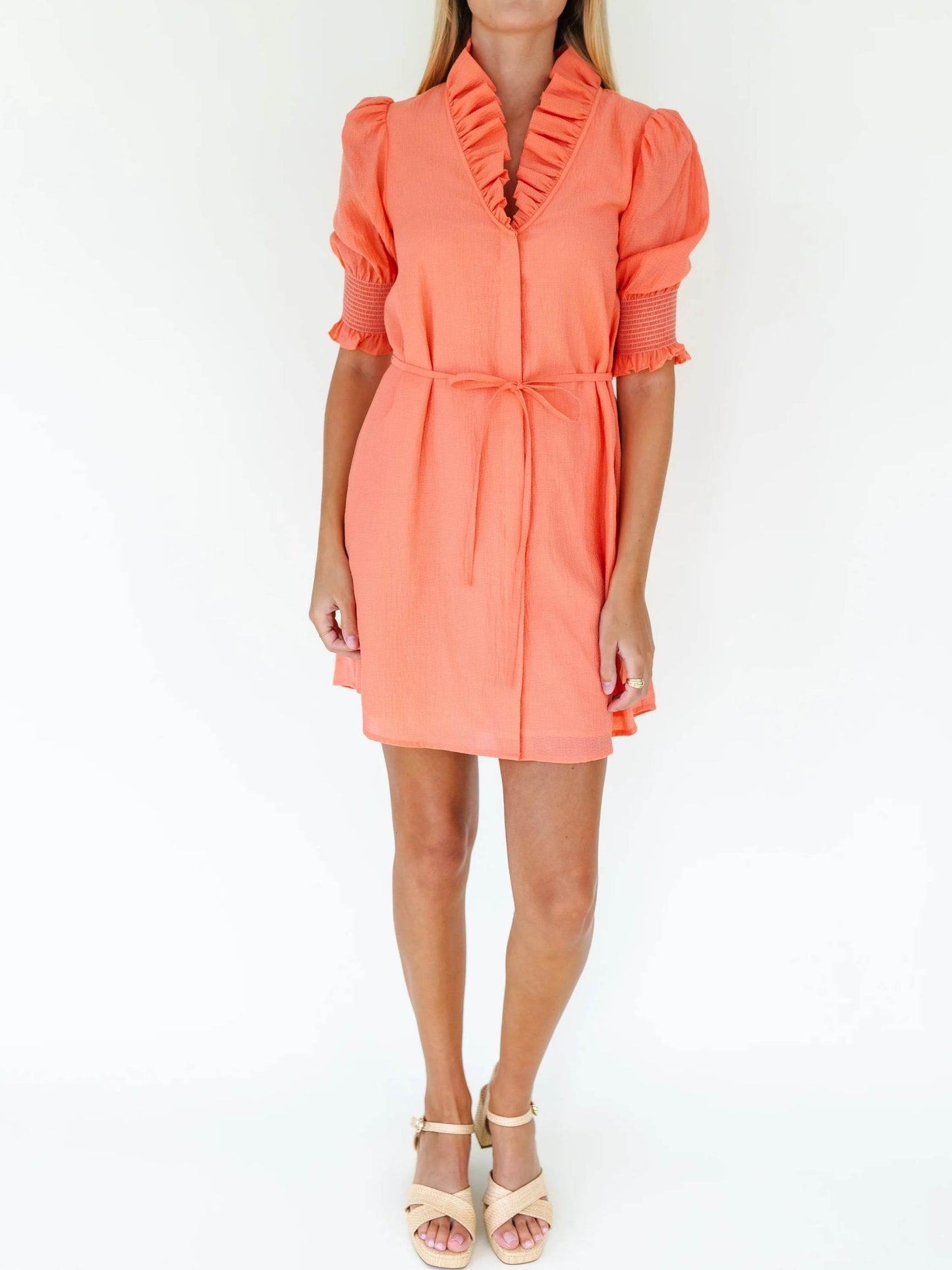Puff Sleeve Ruffle Neck Mini Dress