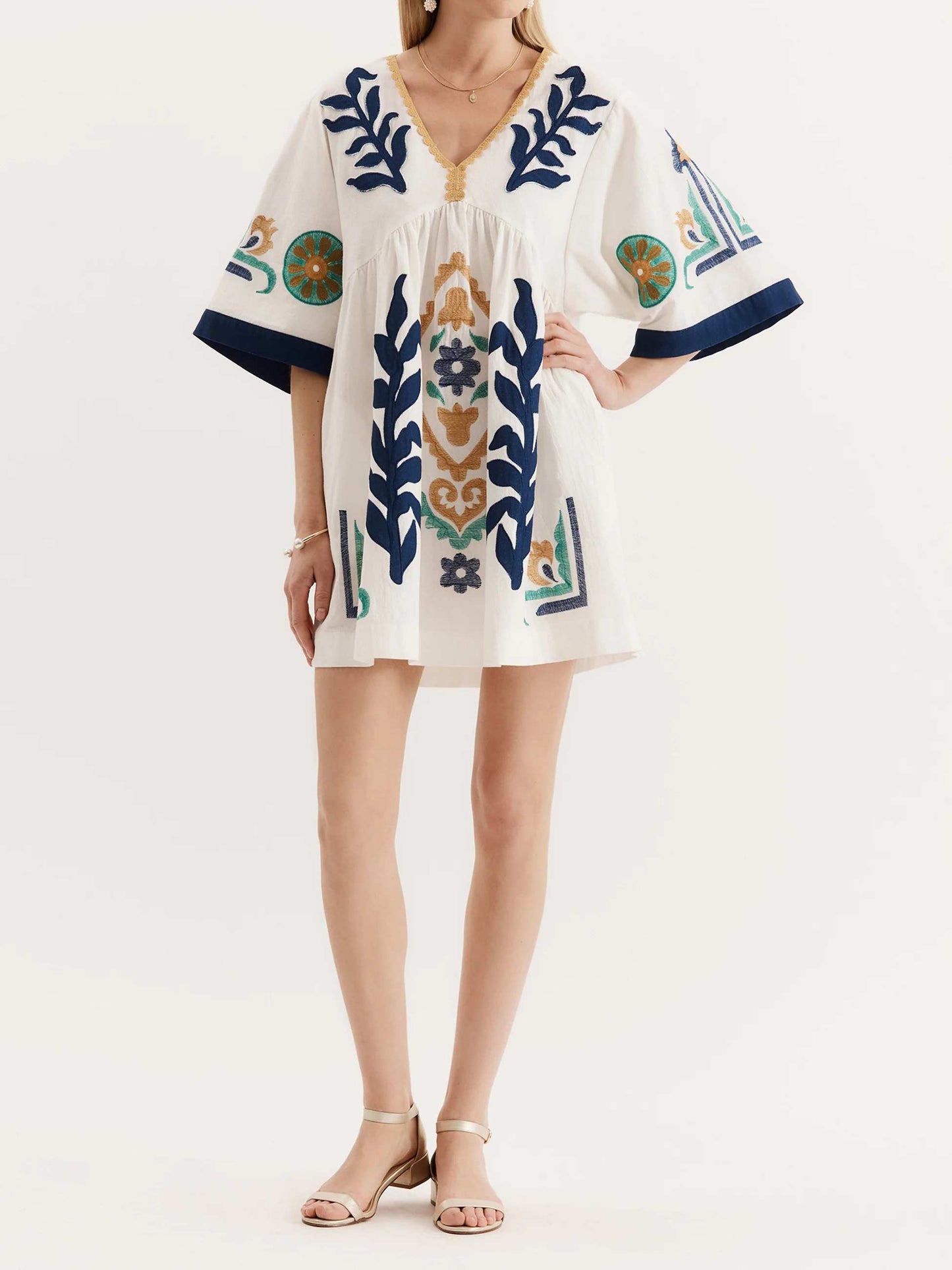 V-neck Silhouette Embroidered Mini Dress