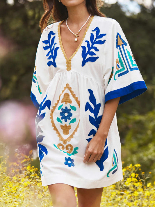 V-neck Silhouette Embroidered Mini Dress