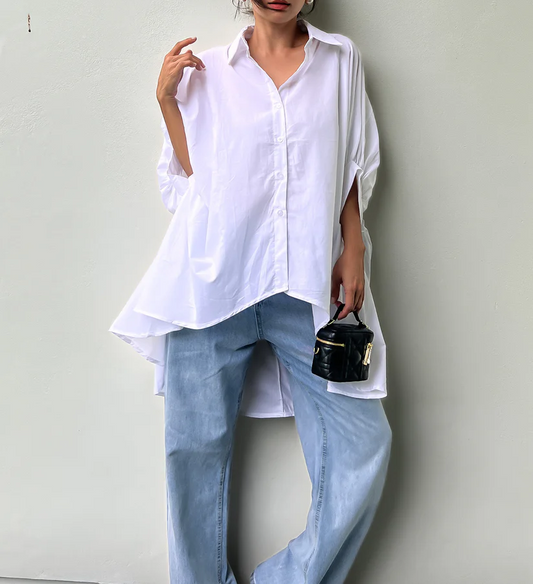Ivory Balloon Sleeves Asymmetric Shirt