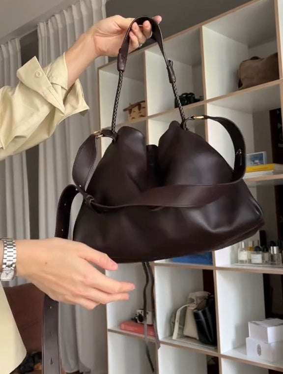 Magnetic Pull-String Leather Shoulder Bag