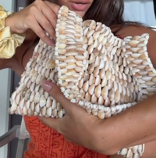 New Guinea Tribal Braided Fibre Large Rectangular Bag Decorated With Lines Of Shells