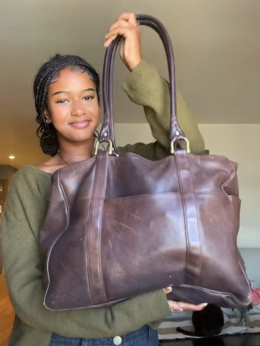 Vtg Tannery West Leather LargeTote Bag Brown Shoulder Bag Handbag Distressed.