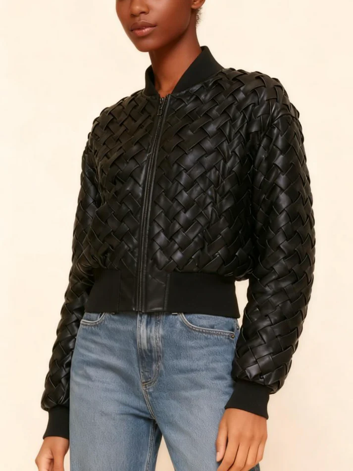 Woven Faux-Ever Leather Bomber Jacket