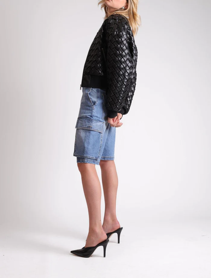 Woven Faux-Ever Leather Bomber Jacket