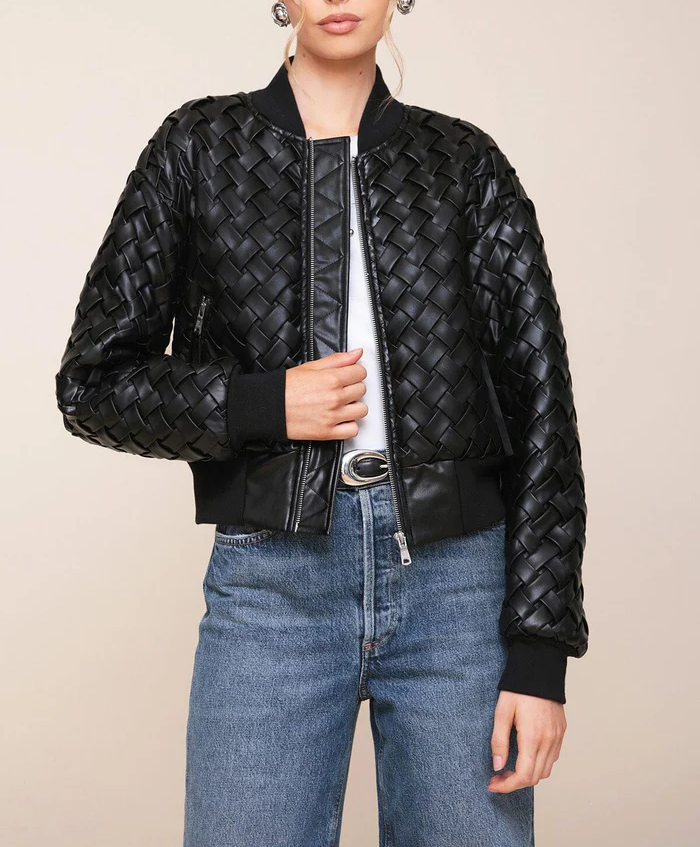 Woven Faux-Ever Leather Bomber Jacket