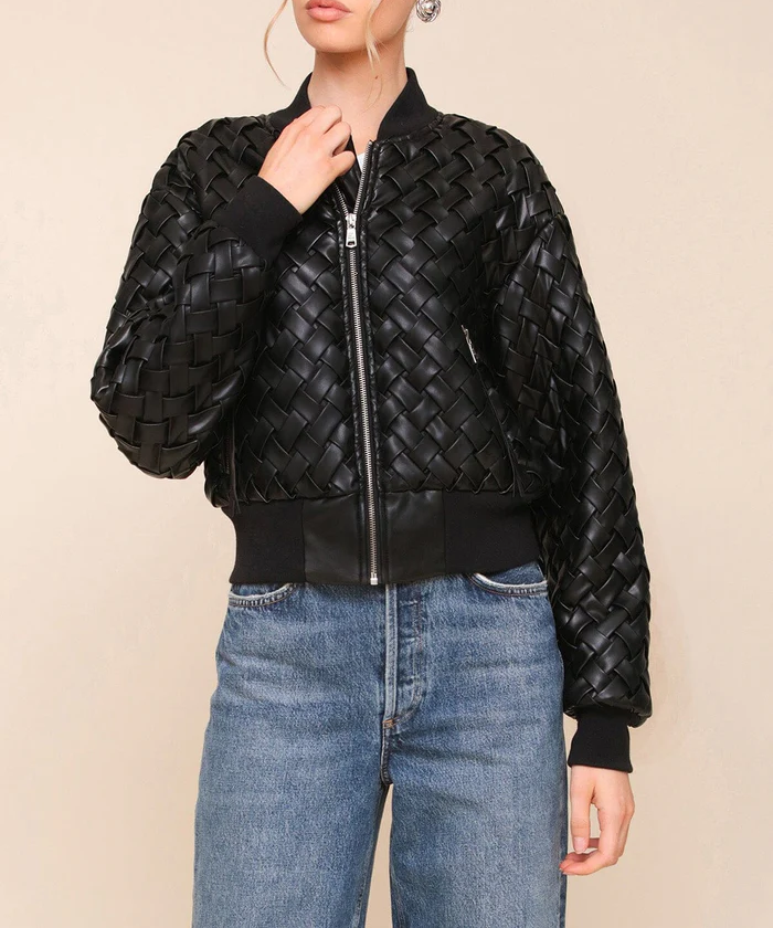 Woven Faux-Ever Leather Bomber Jacket