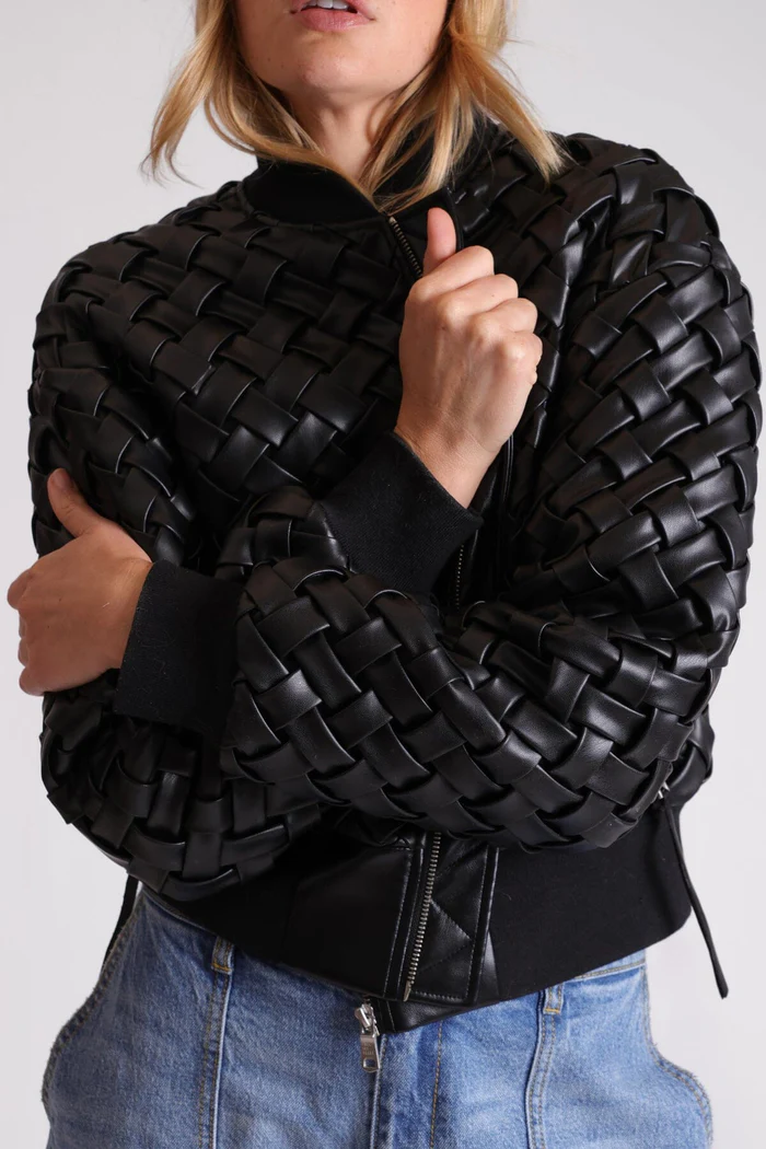 Woven Faux-Ever Leather Bomber Jacket