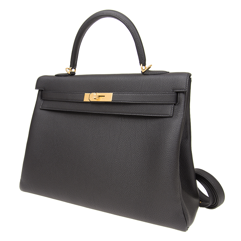 Kelly Black Box Calf Leather Handbag