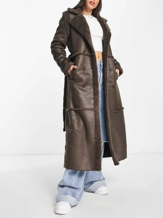 Chocolate Brown Faux Suede Longline Belted Coat