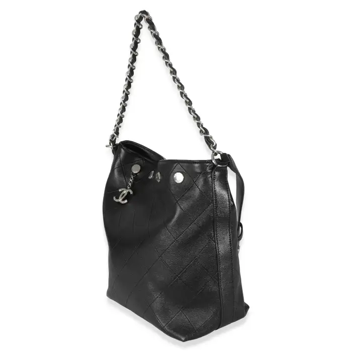 Black Quilted Calfskin  Large Button Bucket Bag