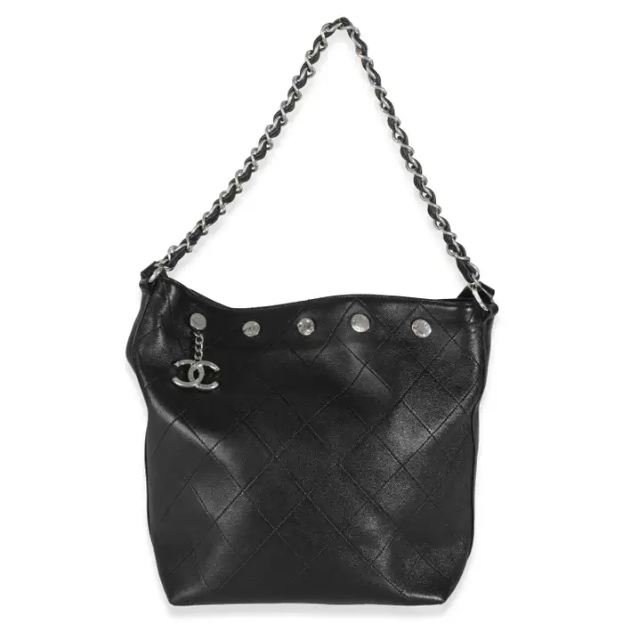 Black Quilted Calfskin  Large Button Bucket Bag