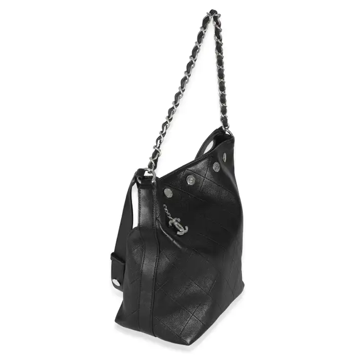 Black Quilted Calfskin  Large Button Bucket Bag