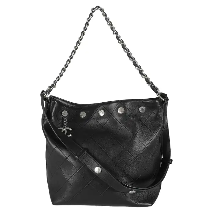 Black Quilted Calfskin  Large Button Bucket Bag