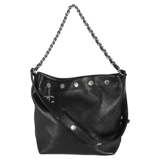 Black Quilted Calfskin  Large Button Bucket Bag