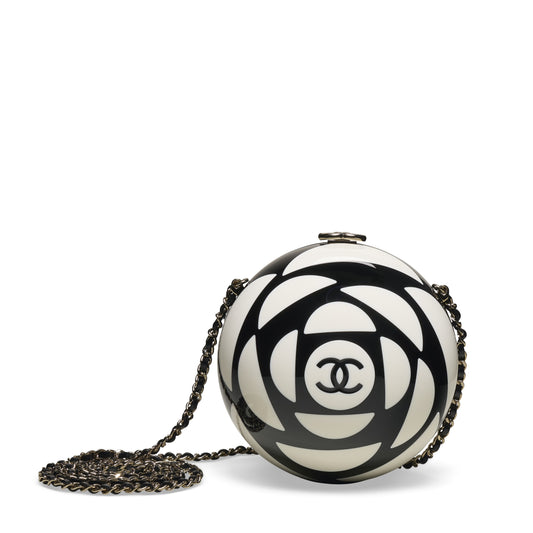 BLACK AND WHITE RESIN CAMELLIA SPHERE MINAUDIERE WITH LIGHT GOLD HARDWARE