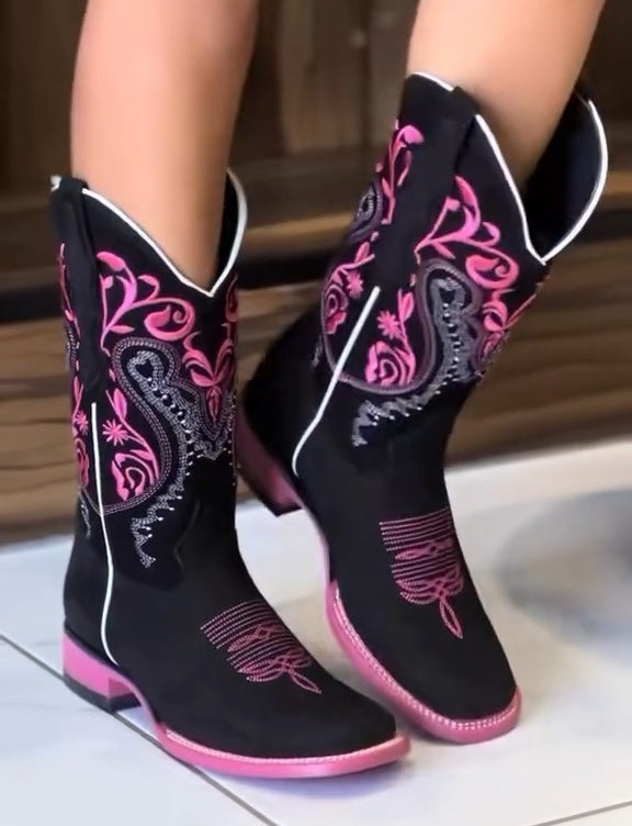 Women's Norma Black Nobuck With Hot Pink Stems Leather Square Toe Rodeo Boot