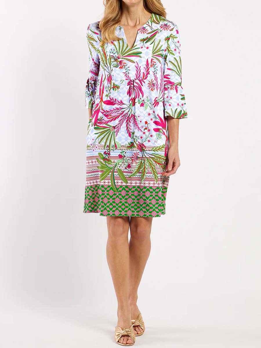 Split Neck Printed Flutter Sleeve Dress