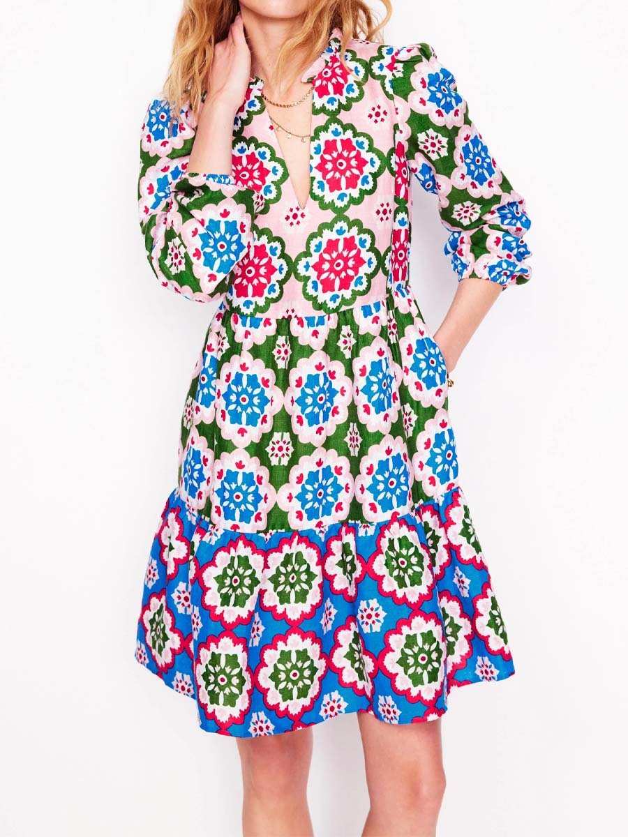 Split Neck Printed Long Sleeve Dress