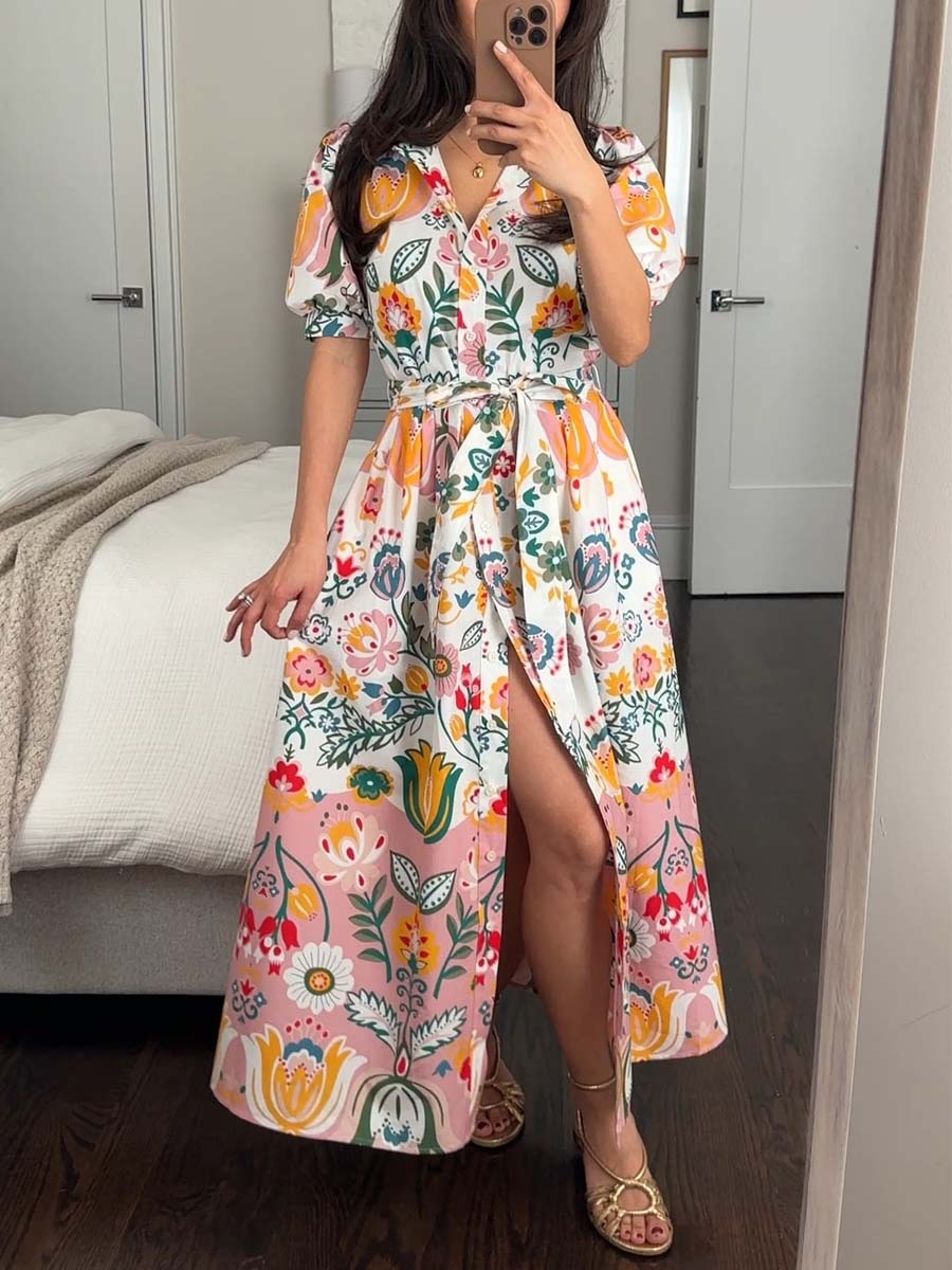Printed Short Sleeve Midi Dress
