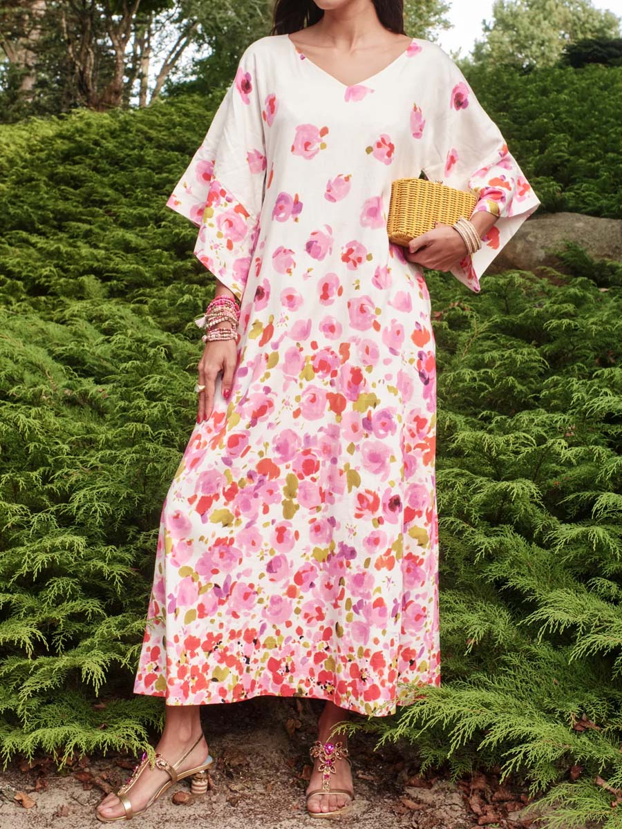 Printed V Neck Loose Maxi Dress
