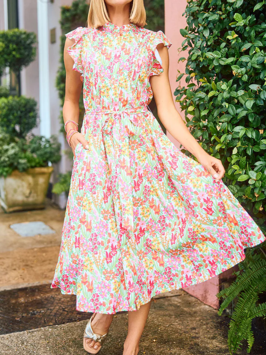 Ruffle Tie Belt Printed Dress