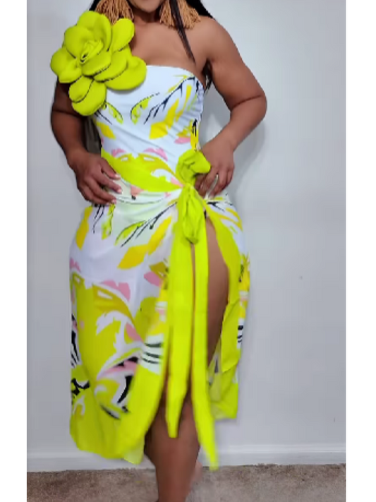 D Large Flower Embellished Printed Swimsuit Suit