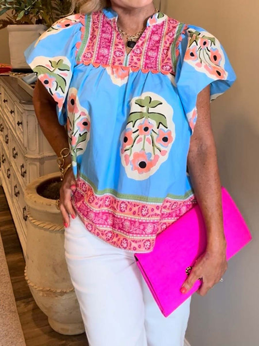 Floral Print Short Sleeve Blouse