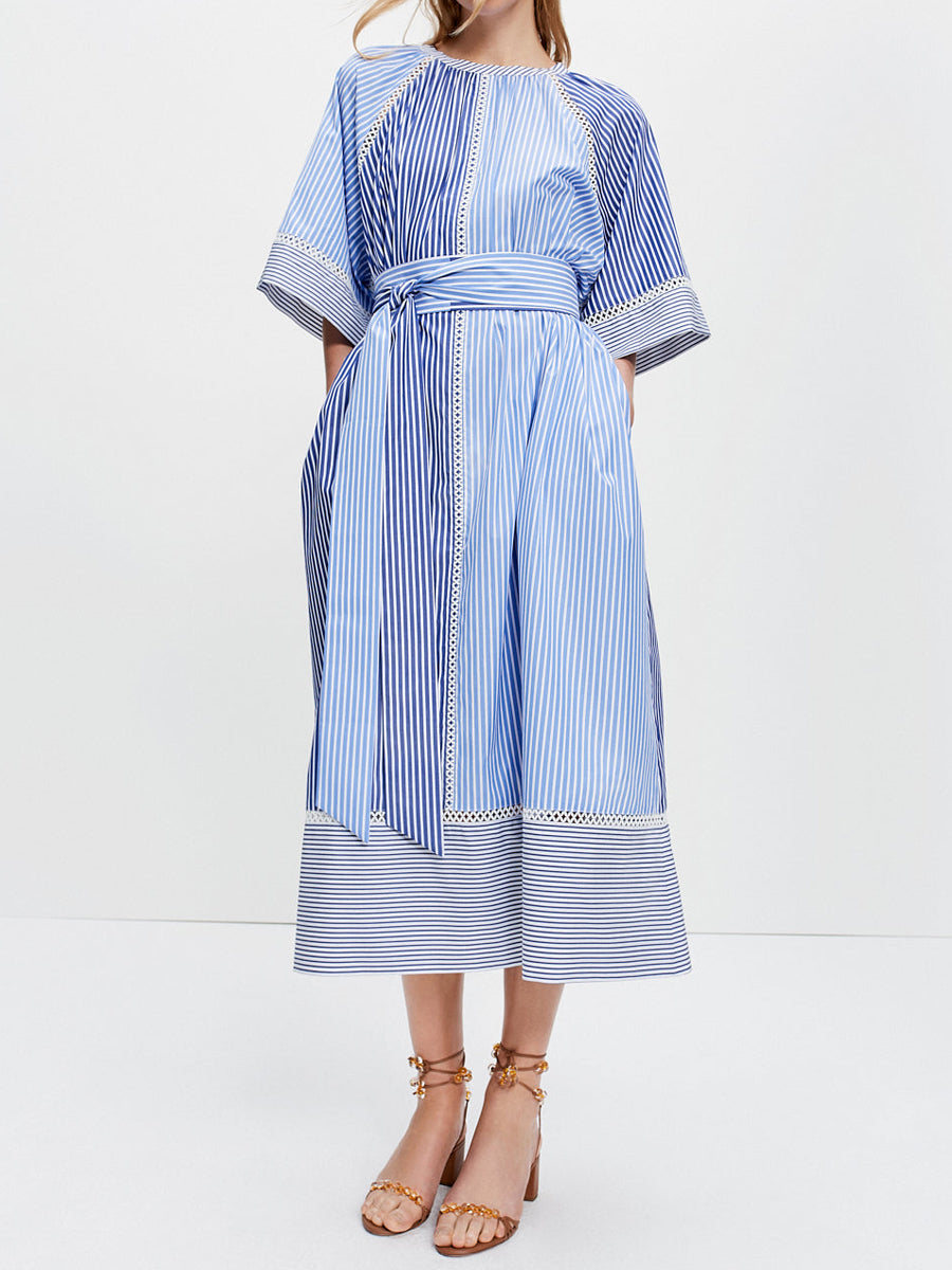 Striped Print Loose Belted Dress