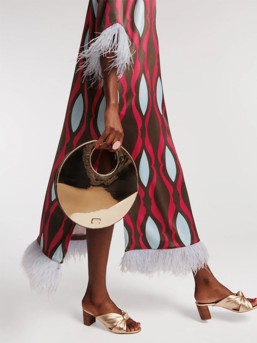 Geometric Print Faux-feather Cuff Maxi Dress
