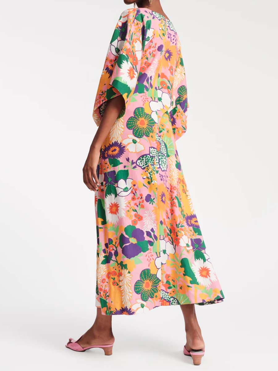 Printed V Neck Loose Maxi Dress