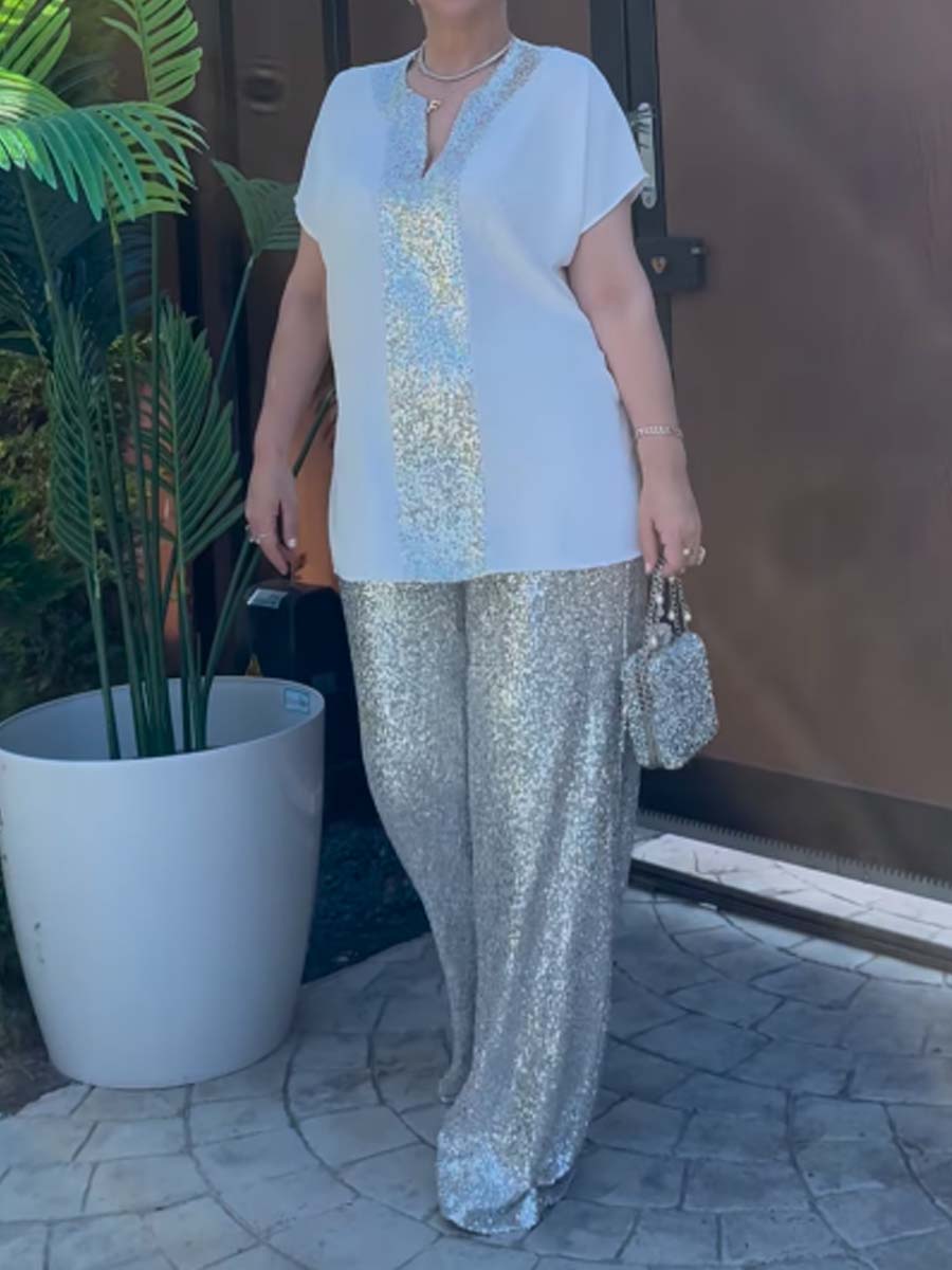 Elegant Sequined Pachwork Two Pieces Set